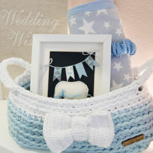 gift set with handmade frame, blanket, pacifier clip